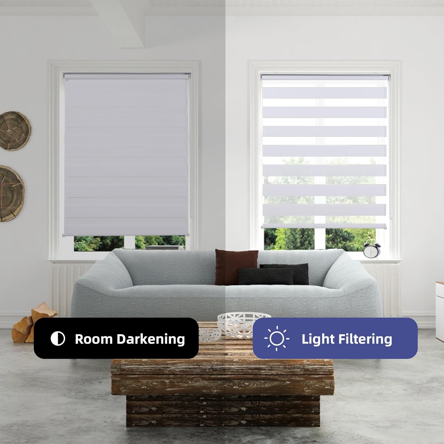 Size 17.7 x 72 Color White Zebra Blinds for Windows Dual Layer Roller Window Shades Light Filtering Sheer Privacy Light Control for Day and Night Blind for Home and Office,Easy to Install 2PCS(17.7 W x 72 H, White)